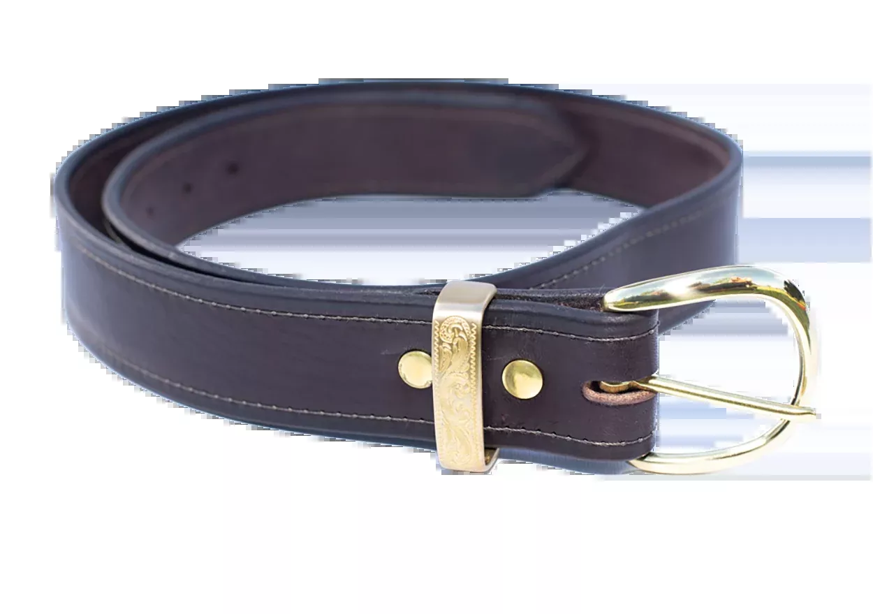 1.50-inch Stitched English Bridle Leather Belt with Solid Brass Belt Keeper