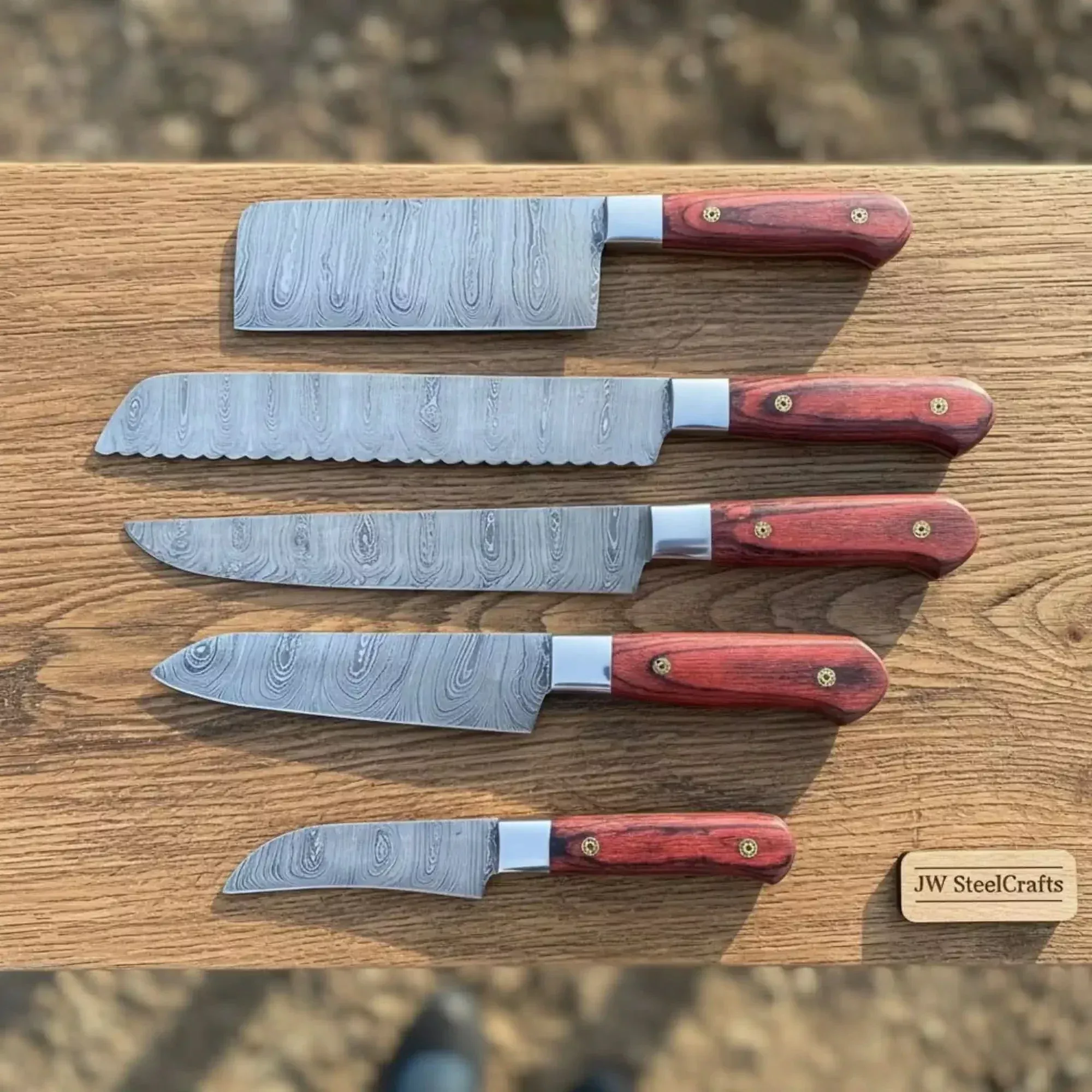 10″ Chinese Cleaver & 13″ Carving Knife Set — Twisted Damascus Steel with Red Pakka Wood Handles | JW SteelCrafts