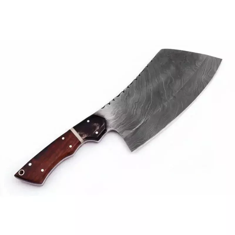 10″ Overall Handmade Damascus Cleaver Knife with Rosewood Handle, Steel Bolster & Brass Pins | Twisted Damascus Pattern