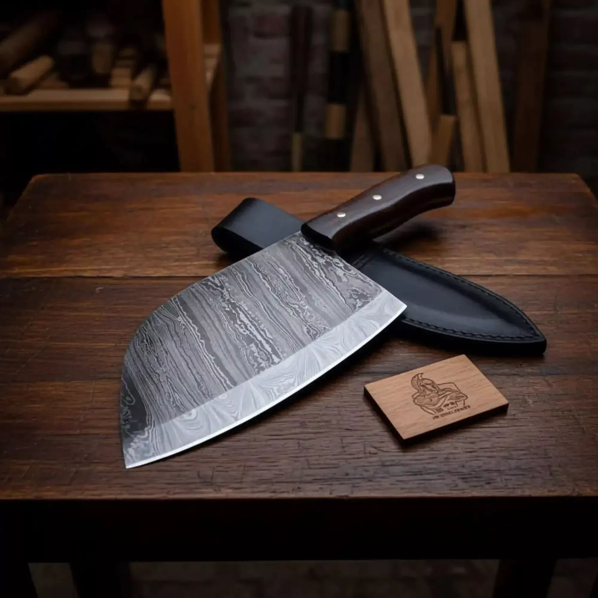 12-Inch Serbian Damascus Cleaver — Rosewood Handle & Leather Sheath