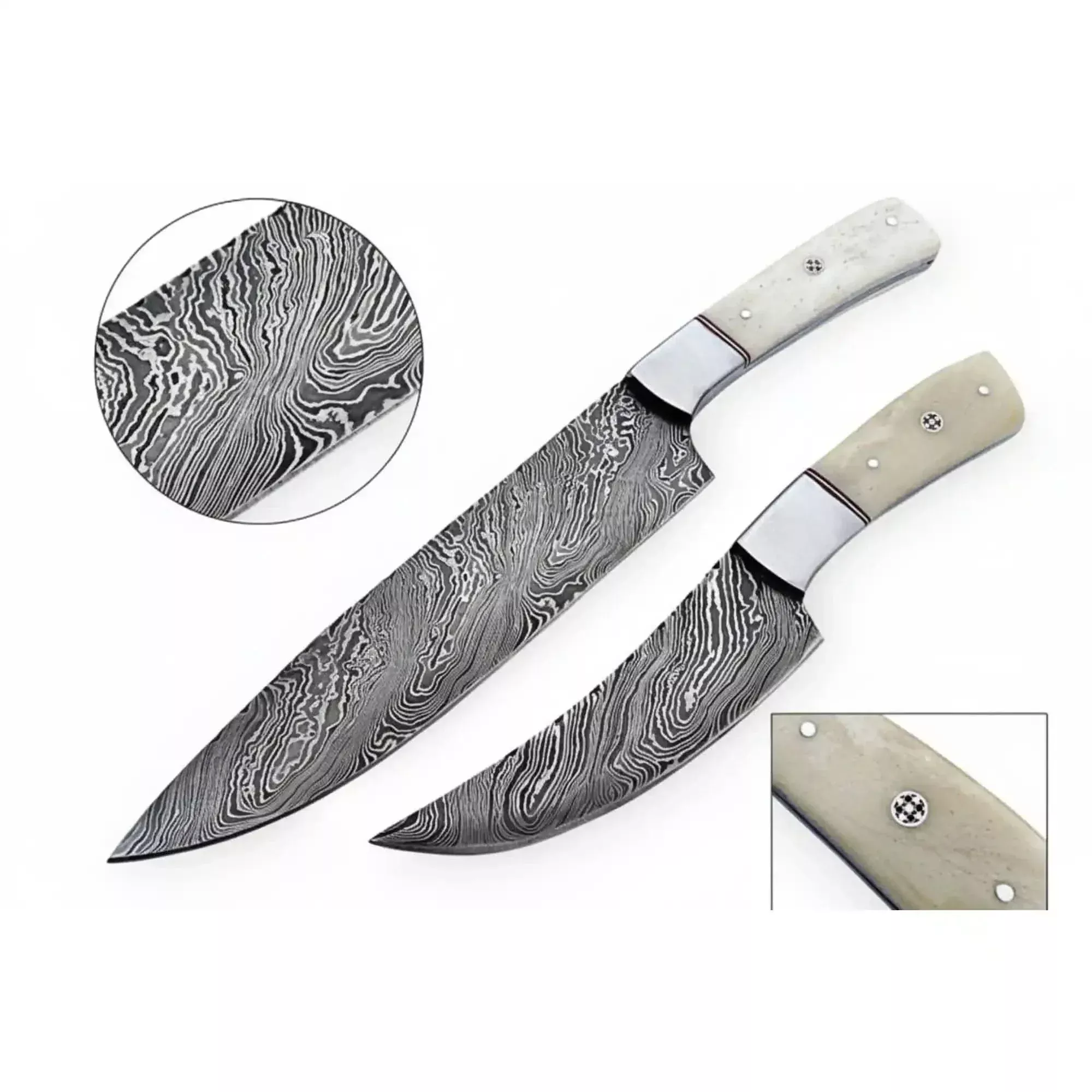 2-Piece Damascus Chef Knife Set — 10 & 8 Inch Wave Pattern Blades, White Camel Bone Handles & Steel Bolsters | JW Steel Crafts