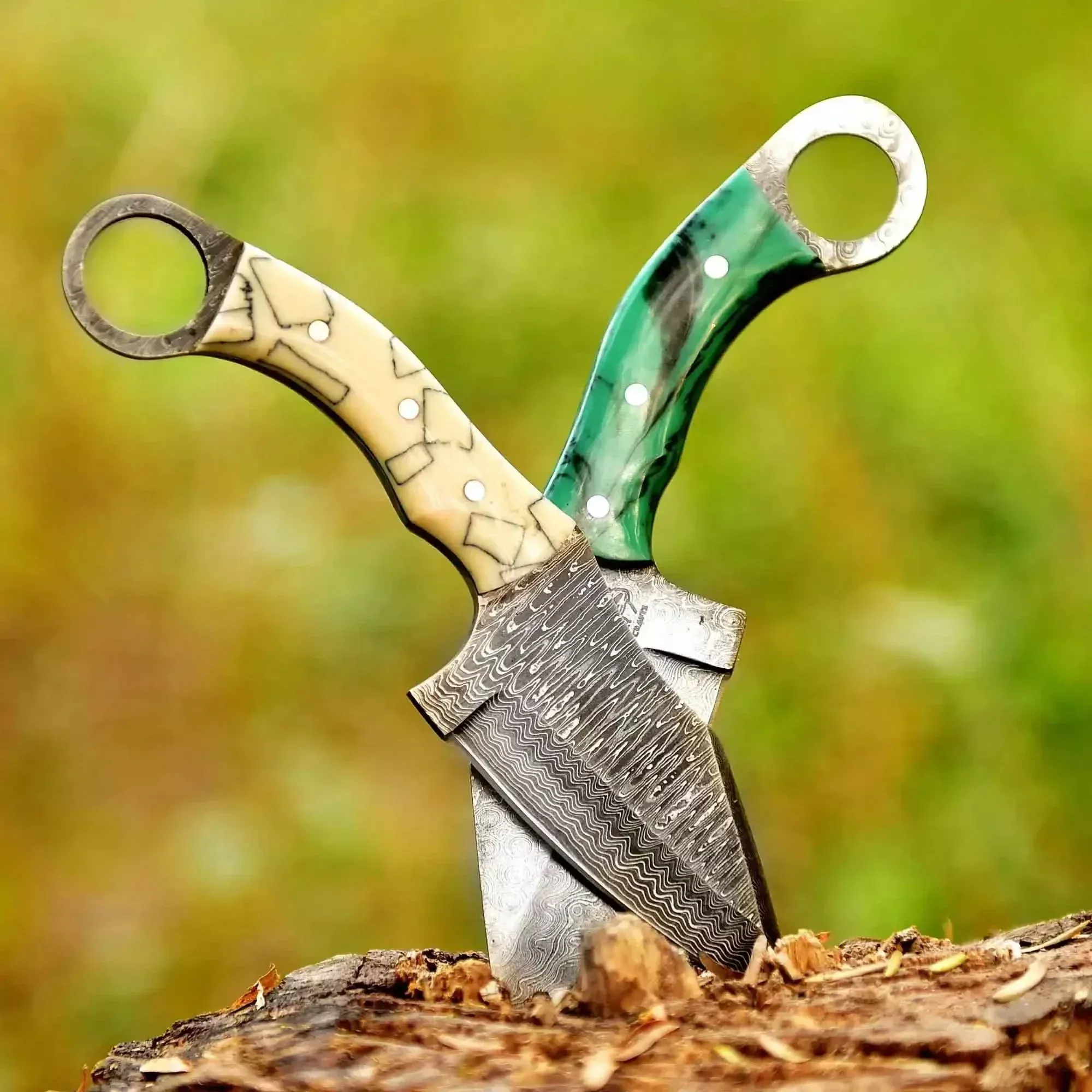 2 Piece Damascus Steel Ring Handle Knife Set with Bone Pattern & Green Resin Handles with Leather Sheath