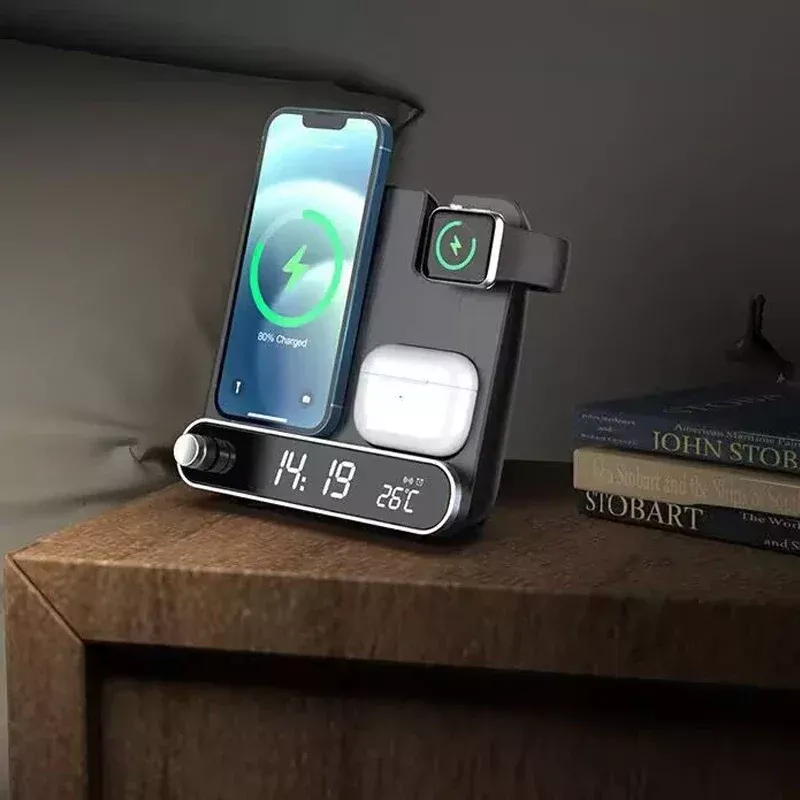 3-in-1 Wireless Charging Station with Alarm Clock Fast Charger for iPhone & Watch