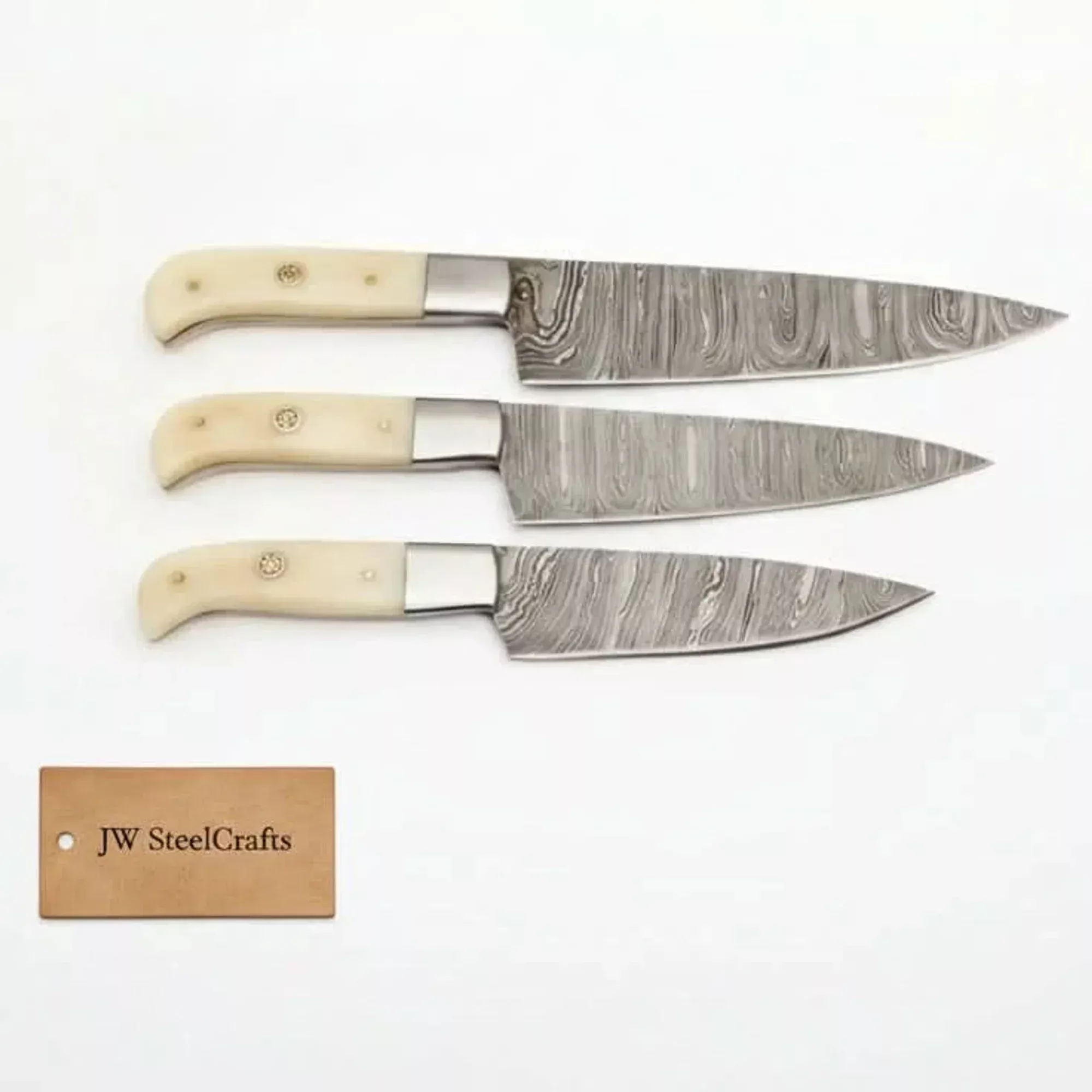 3-Piece Damascus Slicing Carving Knife Set with Bone Handle with Water Flow Blades