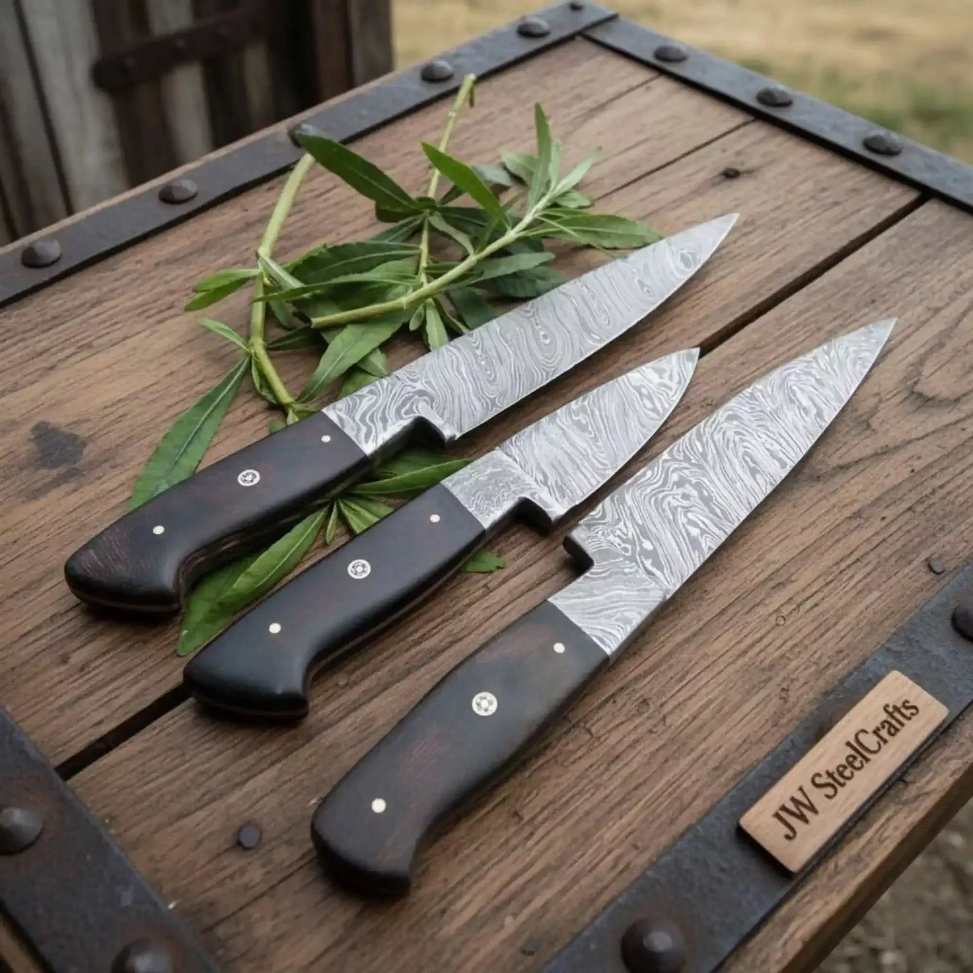 3-Piece Twisted Damascus Knife Set with Black Micarta Handles