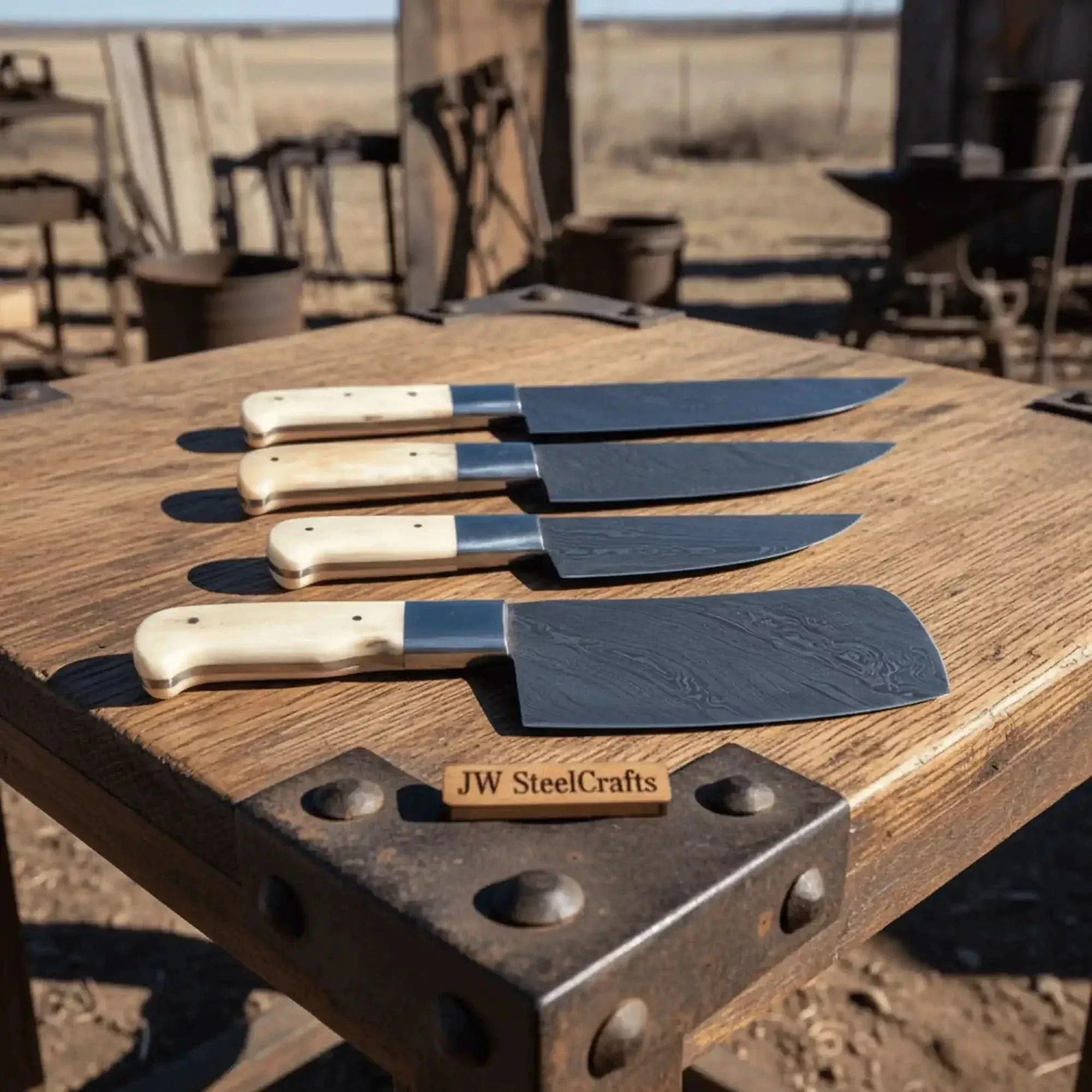 4-Piece Damascus chef Knife Set with White Camel Bone Handles