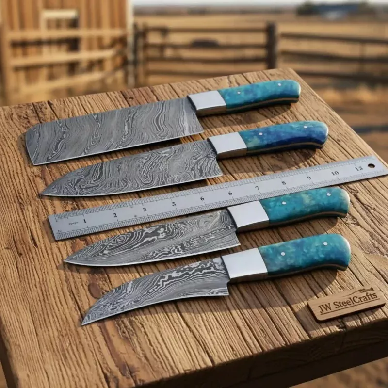 5-Piece Twisted Damascus Kitchen Knife Set with Blue Resin Handle and Square Steel Bolster – JW SteelCrafts