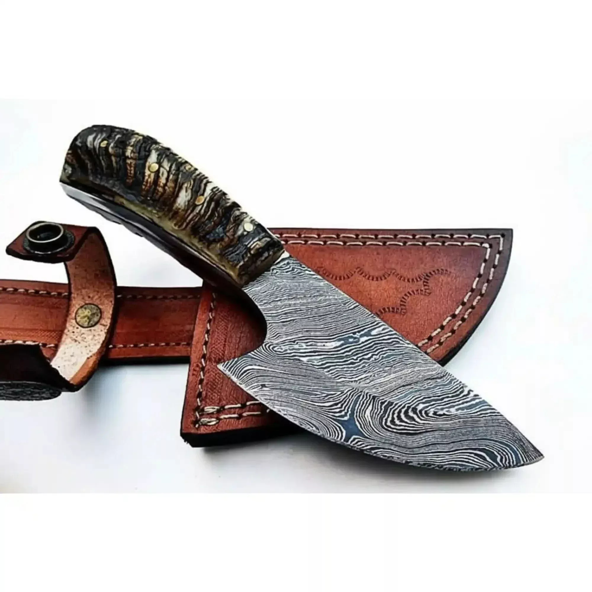 6 Inch Damascus Steel Skinner Knife with Ram Horn Handle and Leather Sheath