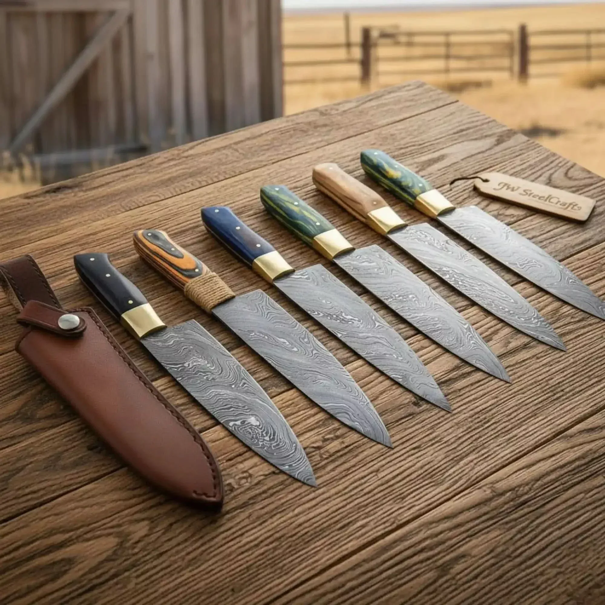 6-Piece Twisted Damascus Chef Knife Set with Multi-Color Handles