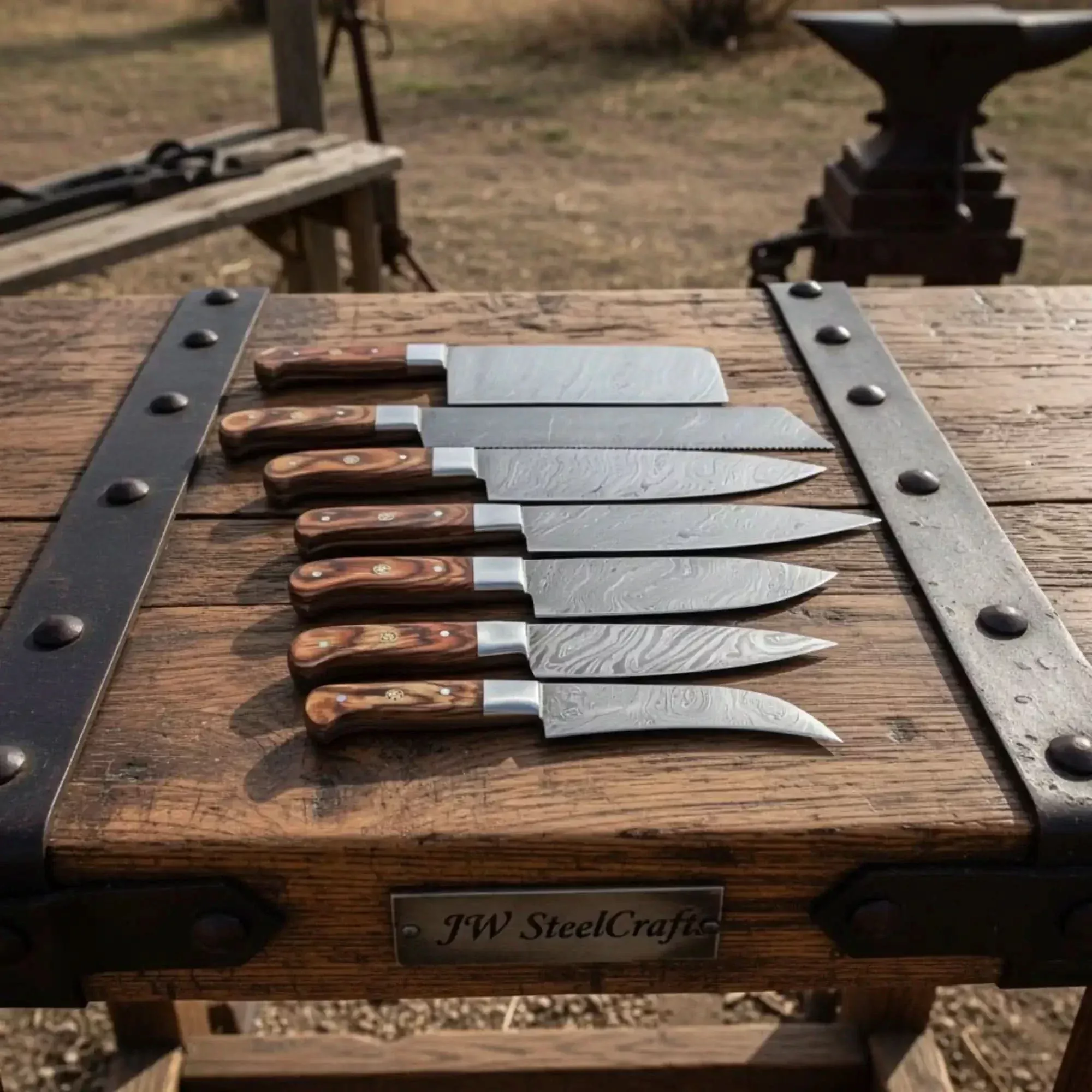 7-Piece Damascus Steel Kitchen Knife Collection with Flowing Water Pattern Blades.
