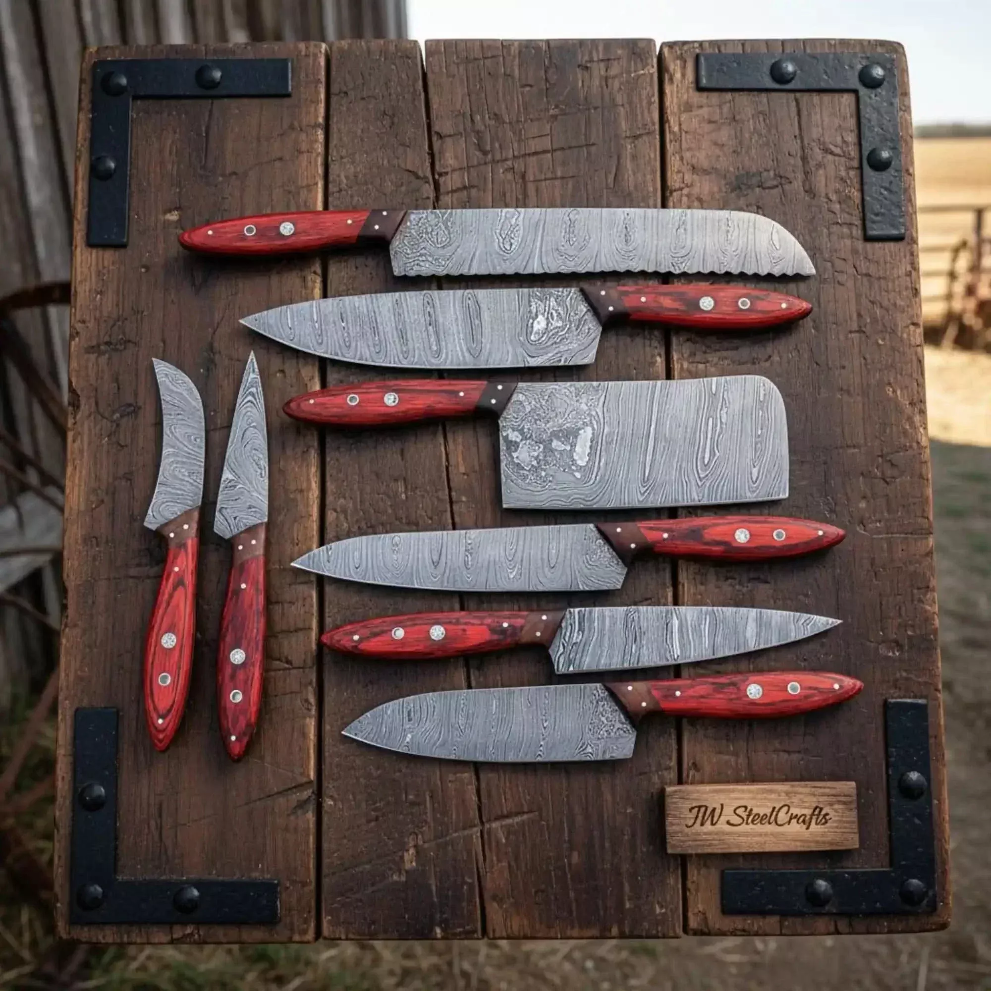 8 Piece Damascus Knife Set with Red Pakka Handles andLeather Roll
