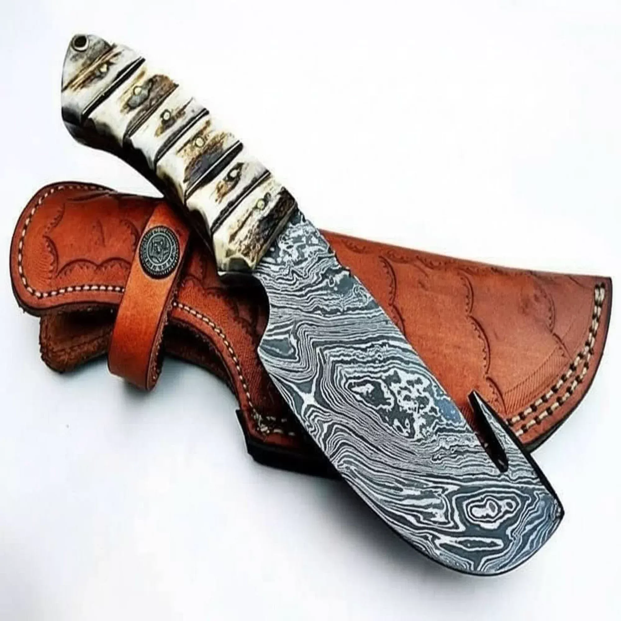 9′ Handmade Damascus Skinner Knife with Stag Bone Handle and Gut Hook Blade