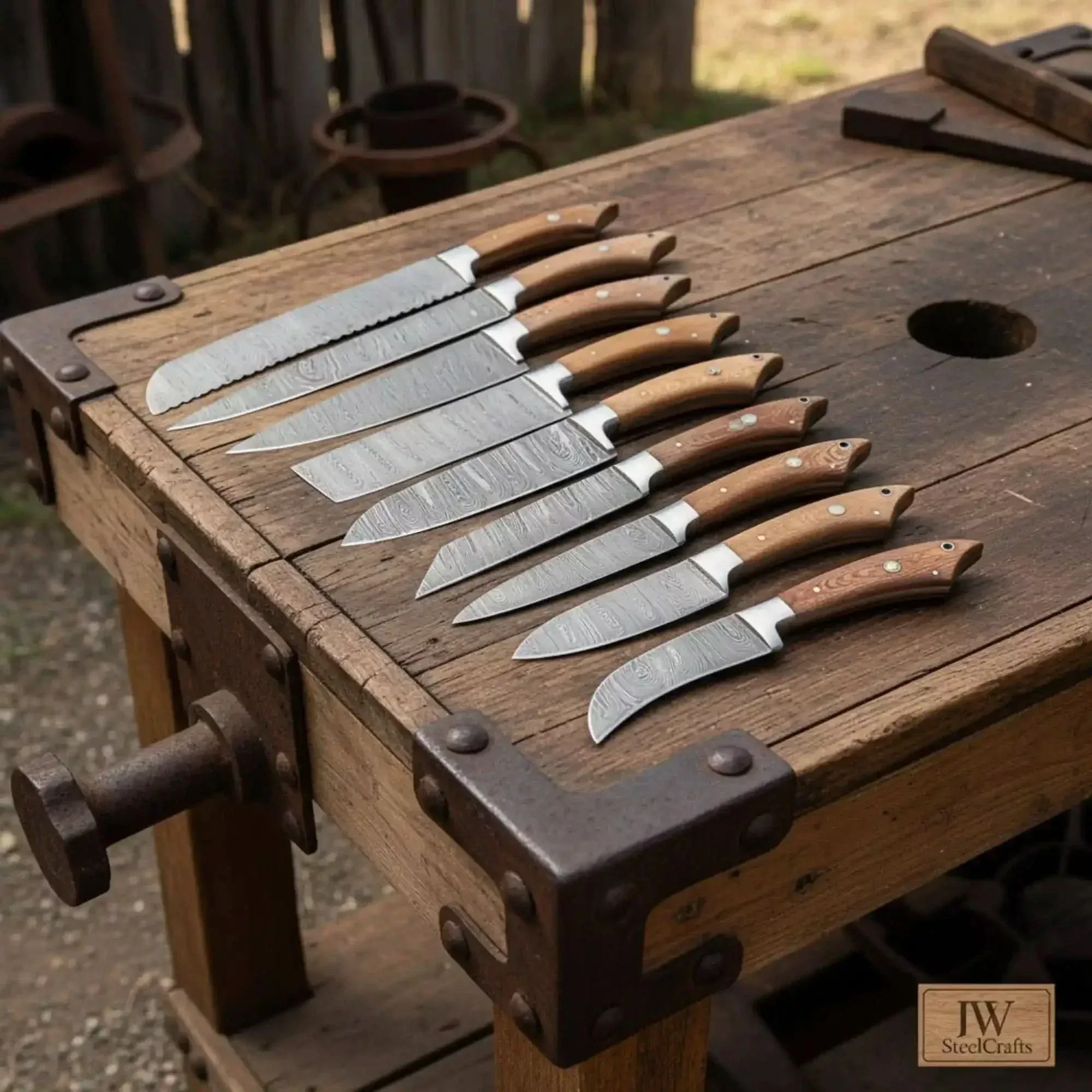 9-Piece Handmade Damascus Knife Set with Walnut Wood Handle