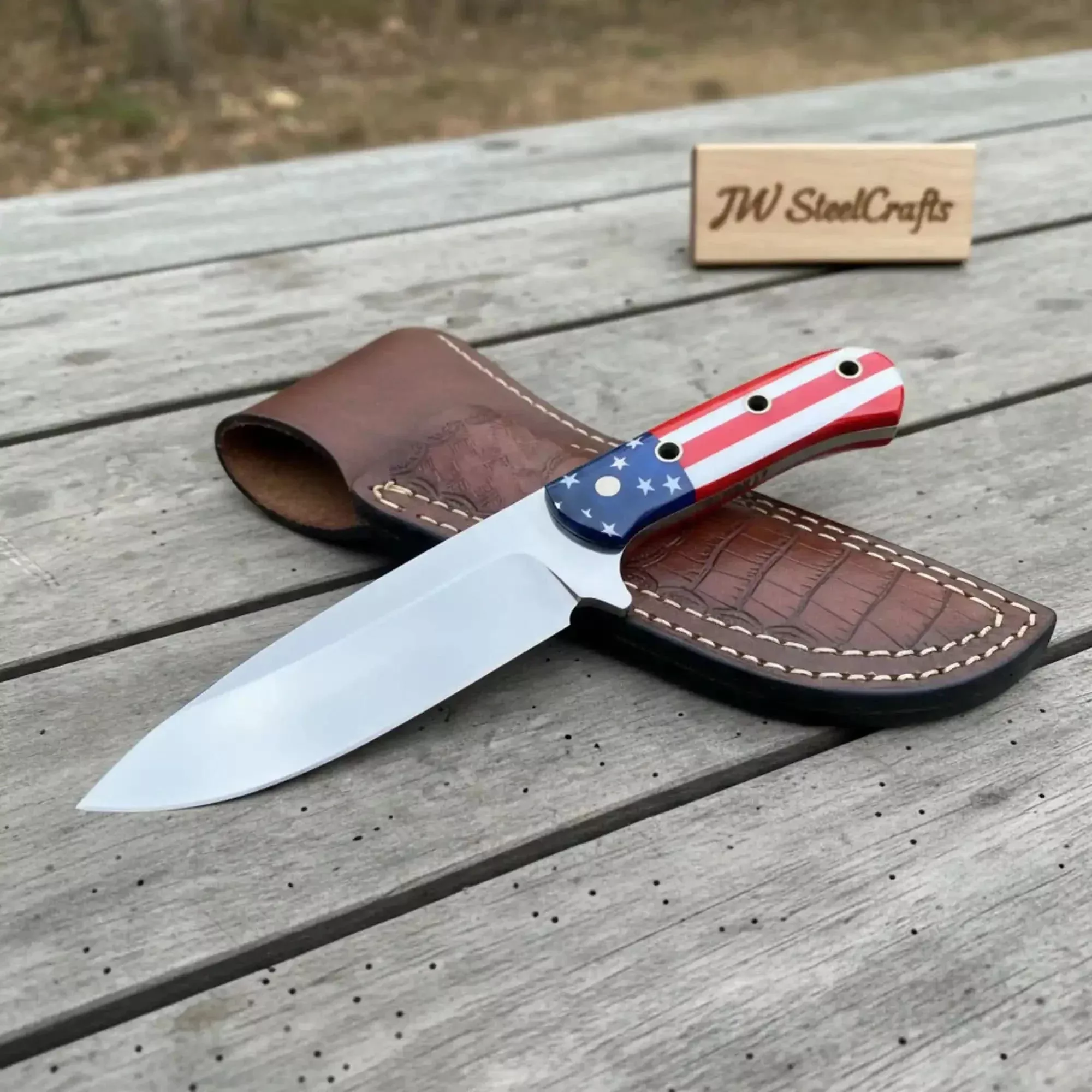 American Flag Themed Custom Blade with Leather Sheath