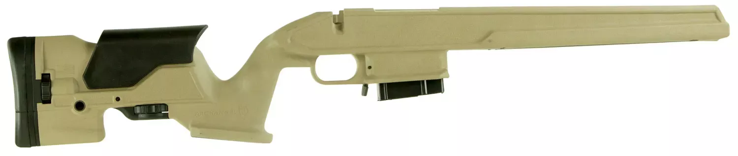 ArchangelPrecision StockDesert Tan Synthetic Fixed with Adjustable Cheek Riser for Weatherby Vanguard; Howa 1500