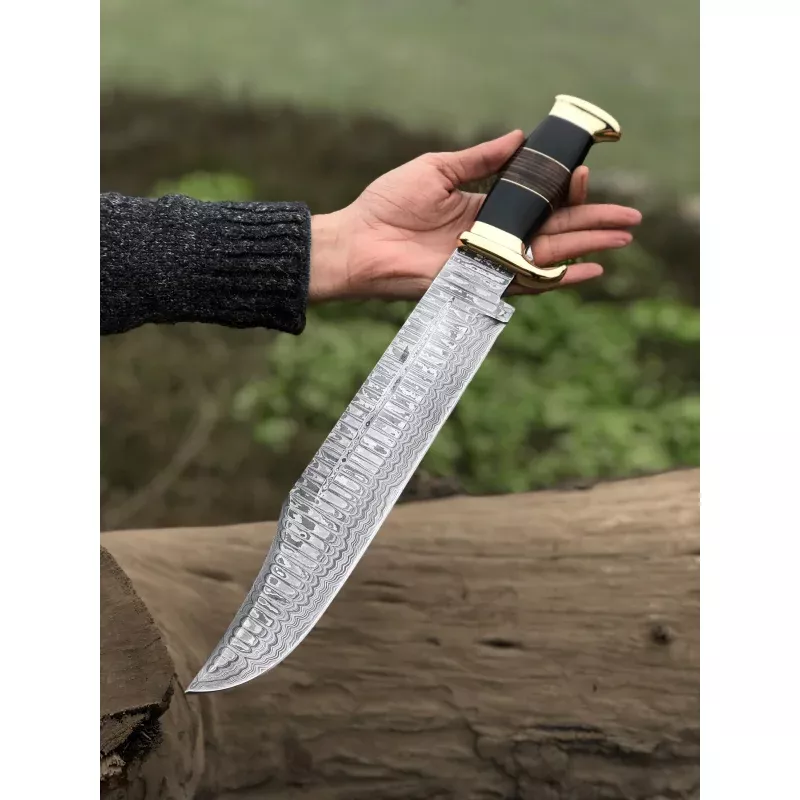 Authentic Crocodile Dundee Knife16 Handmade Damascus Steel Blade with Buffalo Horn or Leather Handle & Brass Guard + Leather Sheath