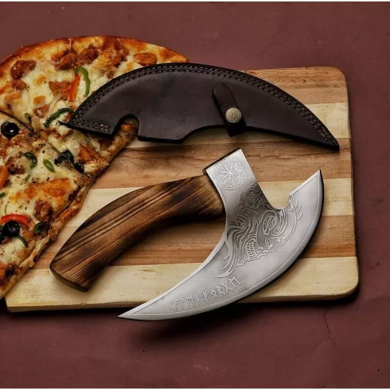 Axe Pizza CutterCustom Hand-Engraved J2 Steel Blade with Wooden Handle