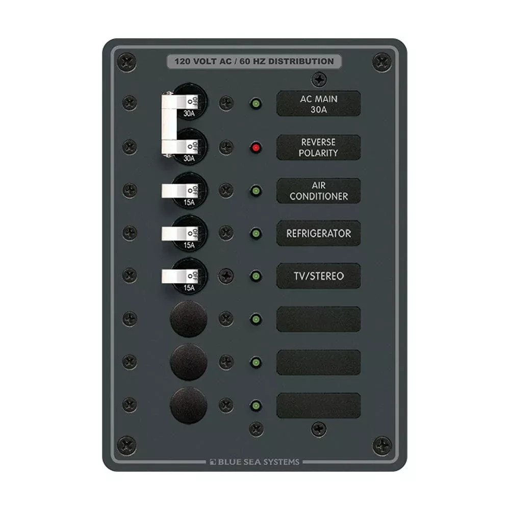 Blue Sea 8027 AC Main +6 Position Breaker Panel – White Switches
