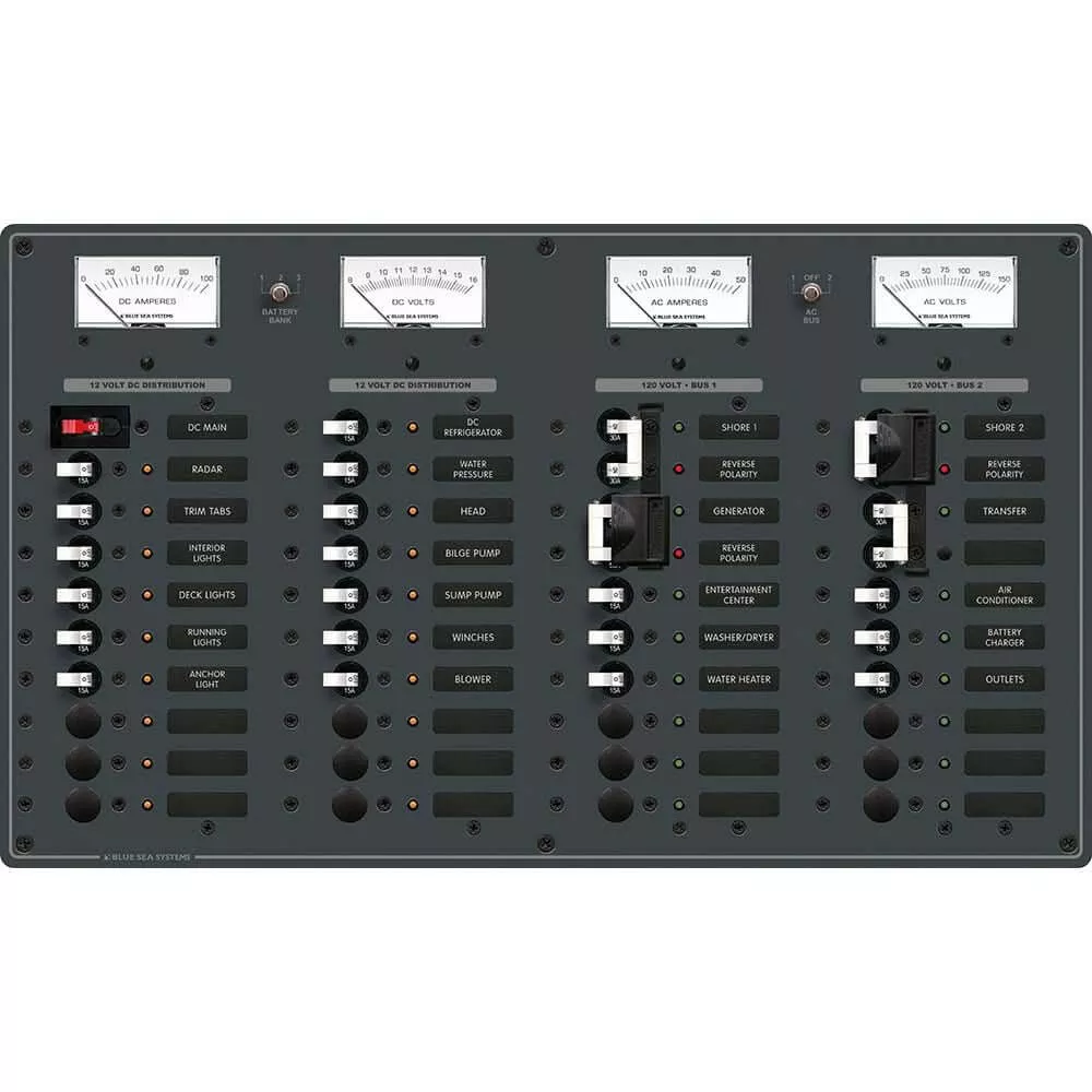 Blue Sea 8086 AC 3 Sources +12 Positions/DC Main +19 Position Toggle Circuit Breaker Panel – White Switches