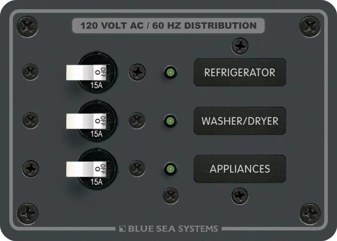 Blue Sea AC Branch Circuit Breaker Panel, 120VAC, 3 Position• 8058-BSS