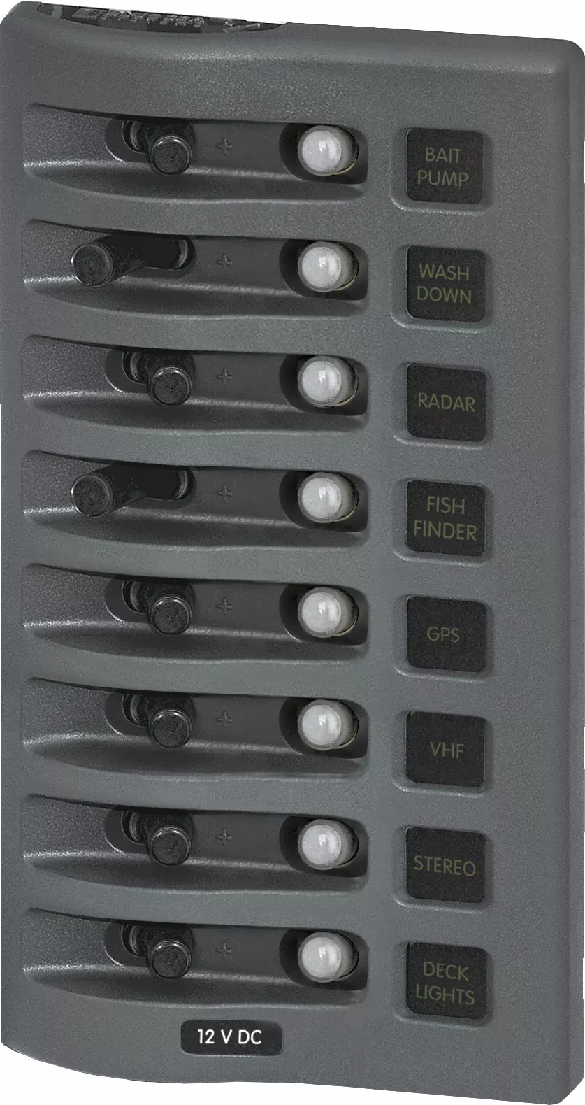 Blue Sea WeatherDeck 12V DC Waterproof Circuit Breaker Panel – Gray 8 Positions• 4378-BSS