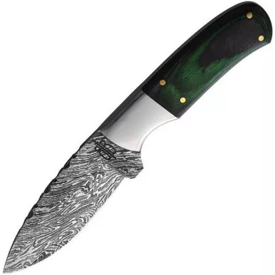 BnB Knives BNB134635G Small Hunter Knife 3.25" 1095 Damascus Drop Point Plain Edge Blade, Green Maple Burl Handle and Premium Leather Sheath