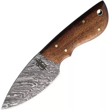 BnB Knives BNB134647 Mini Skinner Knife 2.875" Damascus Drop Point Plain Edge Blade, Walnut Wood Handle and Leather Belt Loop Sheath