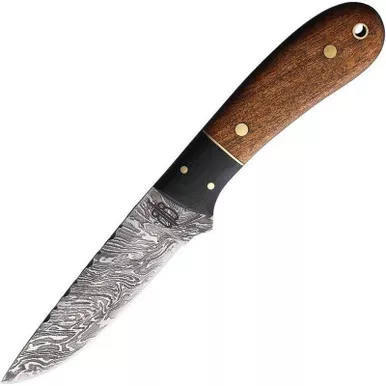 BnB Knives BNB15247 Spear Hunter Fixed Knife 4.25" Damascus Drop Point Plain Edge Blade, Walnut/Micarta Handle and Leather Sheath