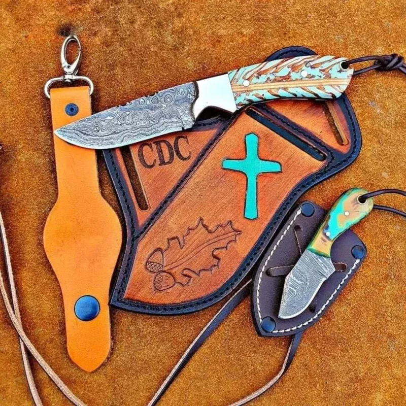 Bull Sheath Leather Knife with 4.5 Damascus Steel BladeCustom Handmade