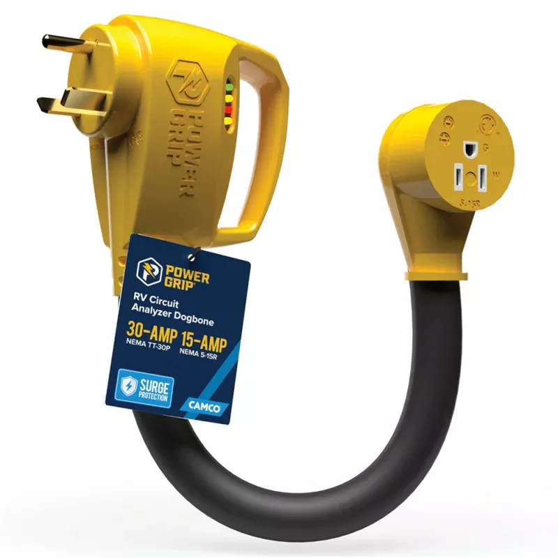 Camco Power Grip RV 12 30Amp Circuit Analyzer Dogbone – Integrated Surge Protection