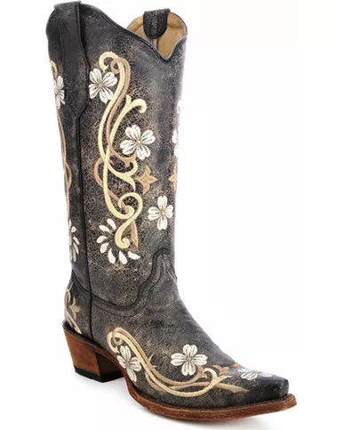 CIRCLE G by CORRAL Womens Black/Multi Color Floral Embroidery Boots (L5175-LD)
