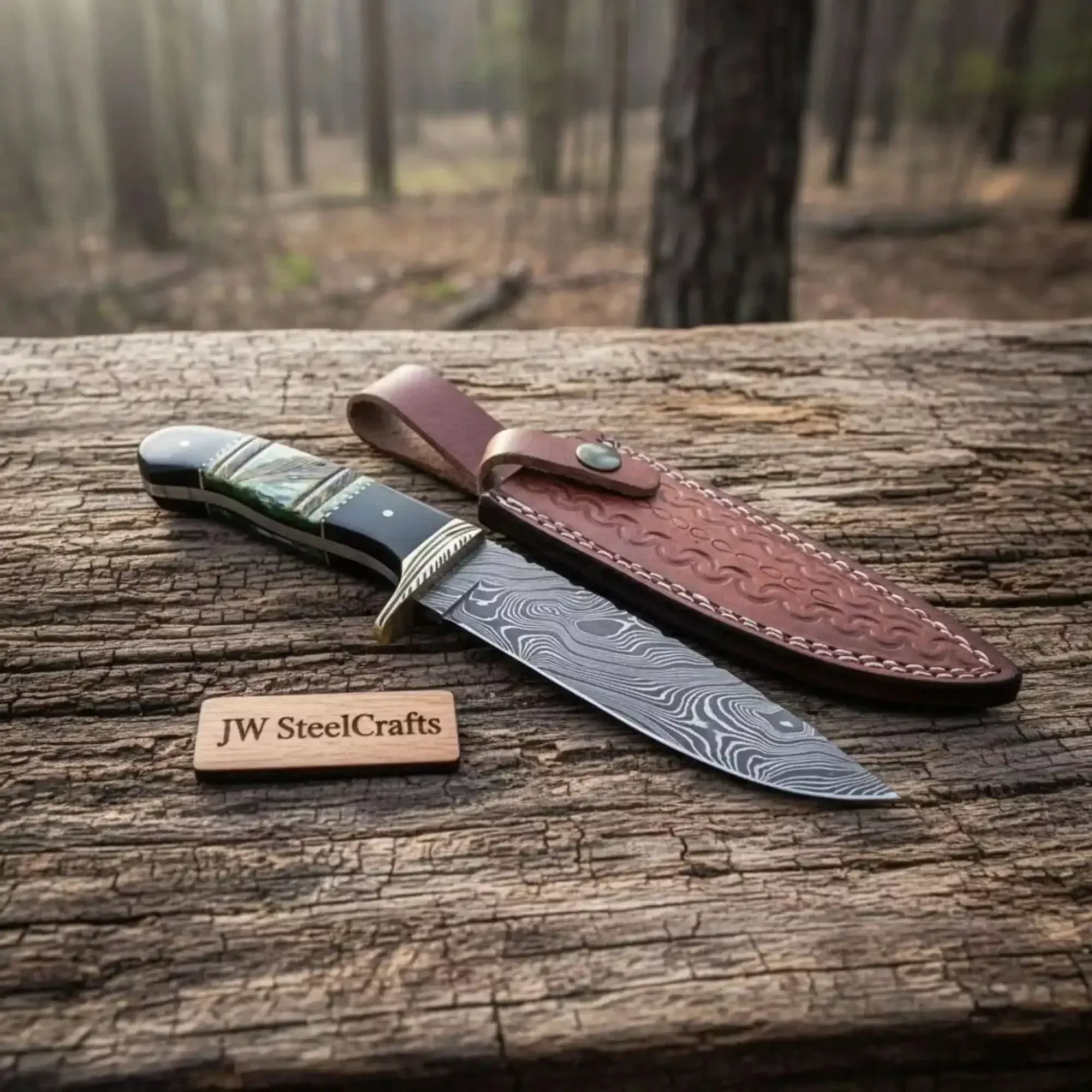 Compact Damascus Clip Point Bowie Knife with Green Bone Handle