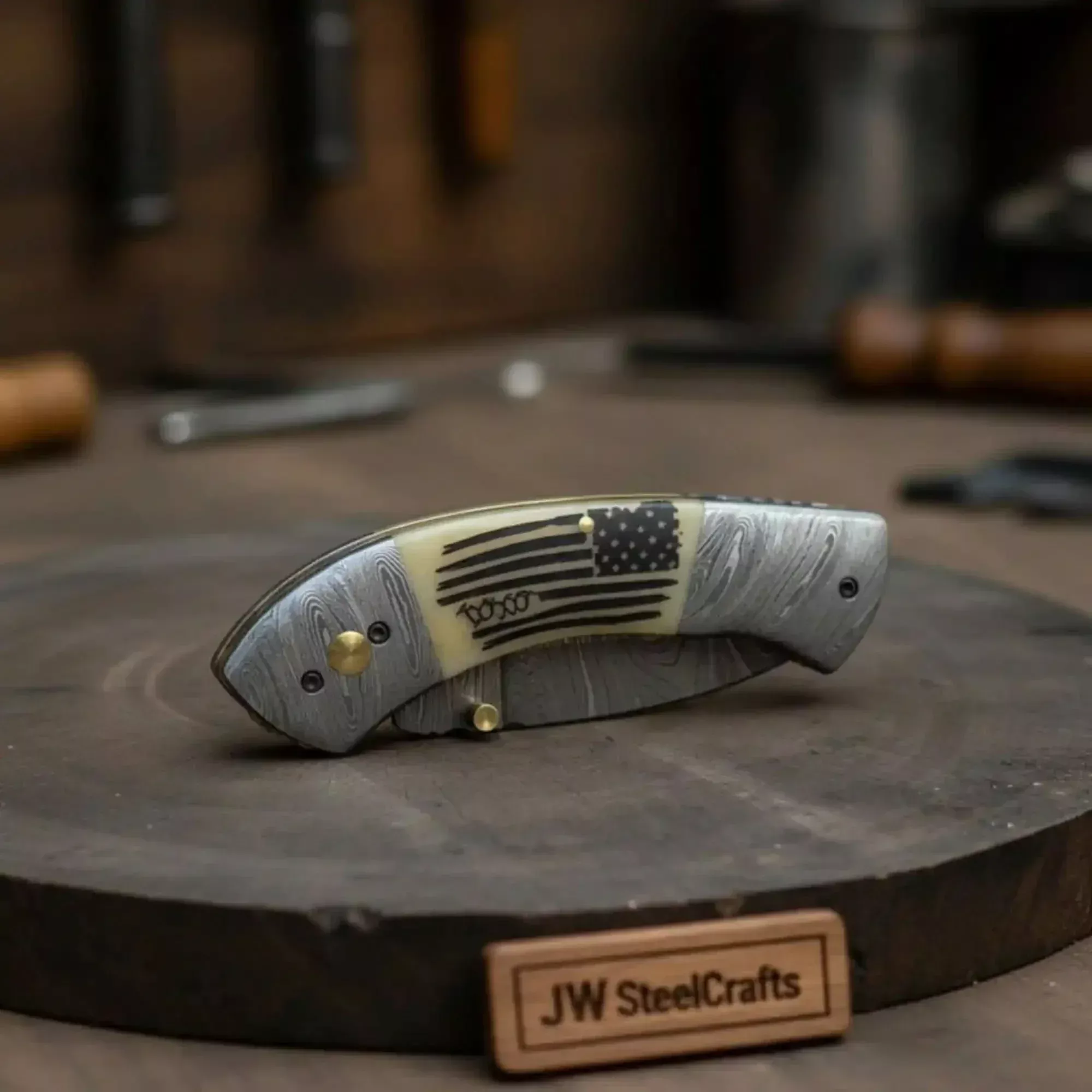 Constitution Damascus Folding Knife with Engraved Flag Bone Handle