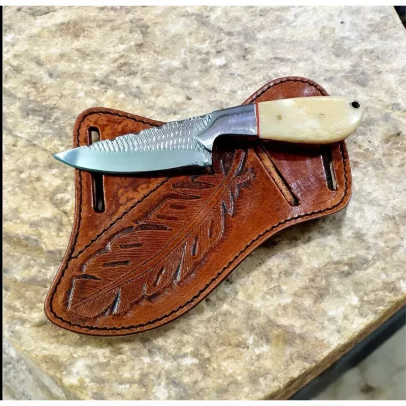 Crass Draw Ranch Cowboy KnifeCamel Bone Handle with Leather Sheath