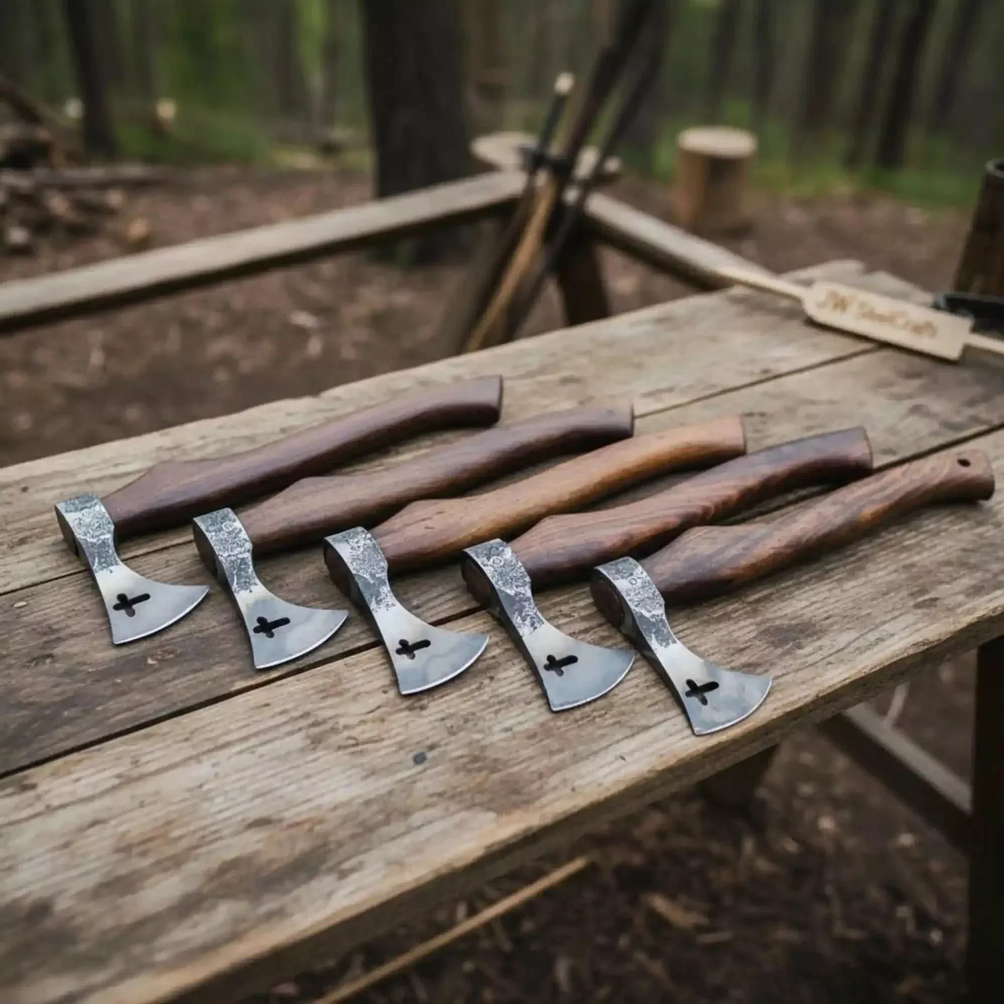 Cross Cutout Hatchet Set of Five with Two Tone Forged Heads
