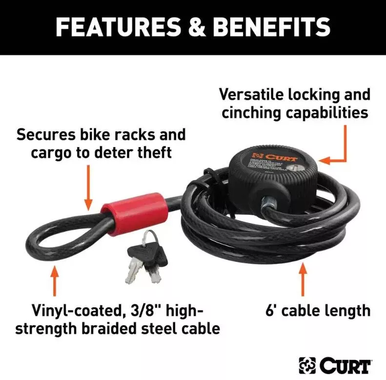 Curt Cable Lock, Vinyl-Coated Braided Steel, 6′ x 3/8″• 23666