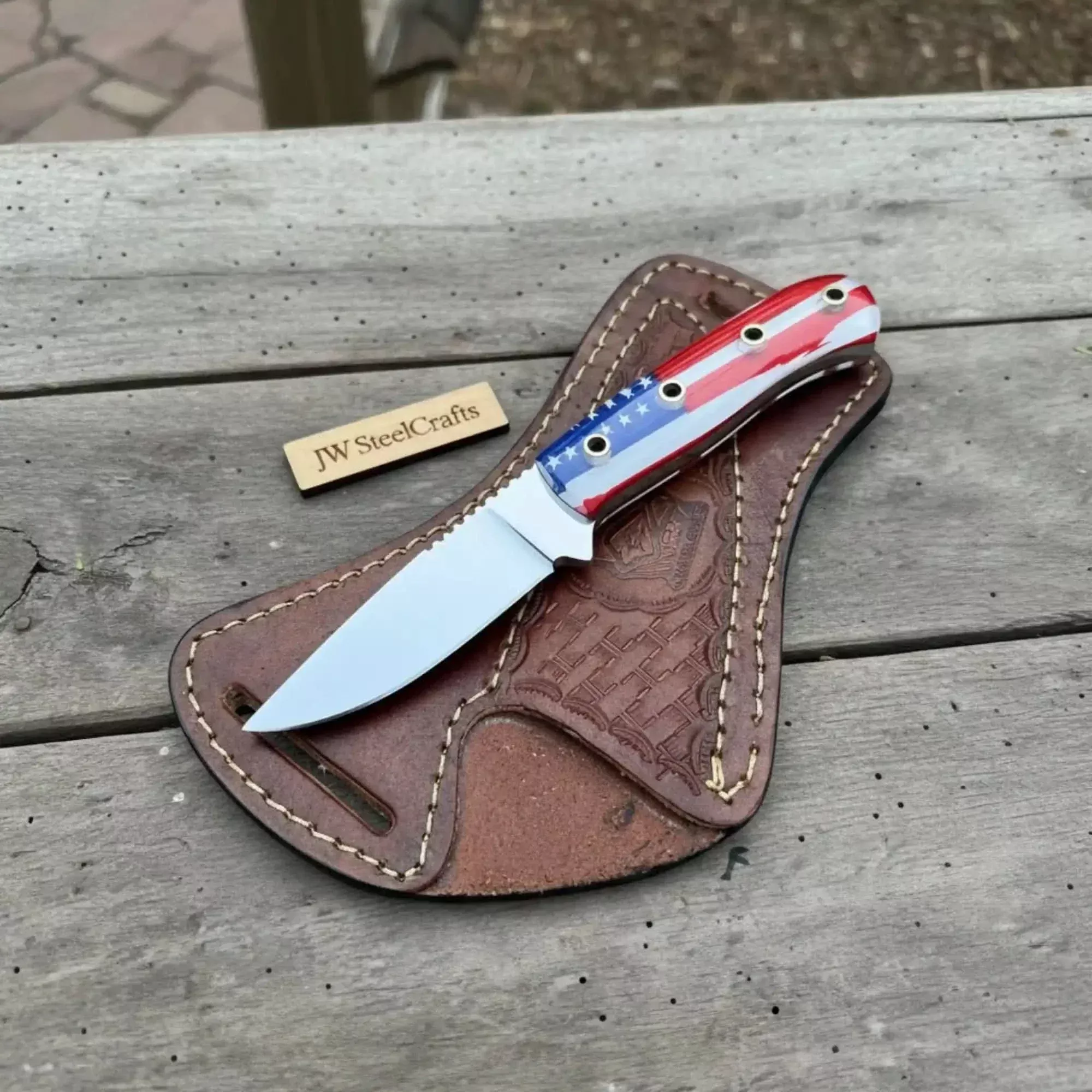 Custom Fixed Blade Knife Drop Point Outdoor EDC with USA Flag Handle and Leather Sheath