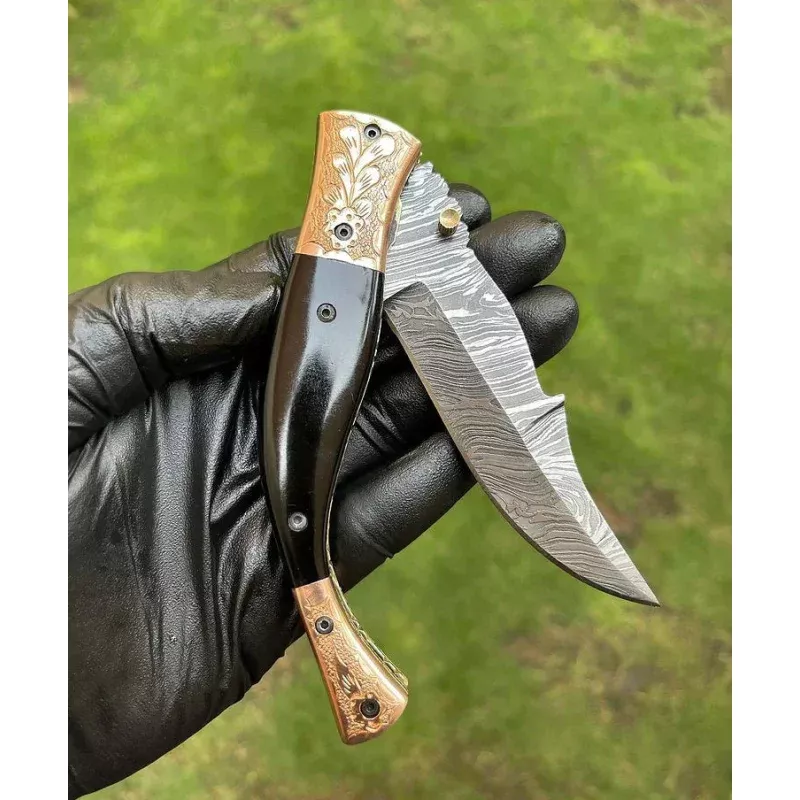 Custom Handmade Damascus Blade EDC Folding Pocket Knife with Color Bone Handle & Brass Engraved Bolster – Includes Leather Sheath