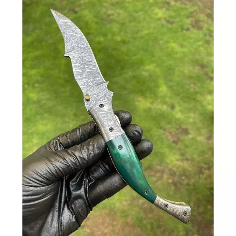 Custom Handmade Damascus Blade EDC Folding Pocket Knife3-Inch Blade, Color Bone Handle & Brass Engraved Bolster with Leather Sheath