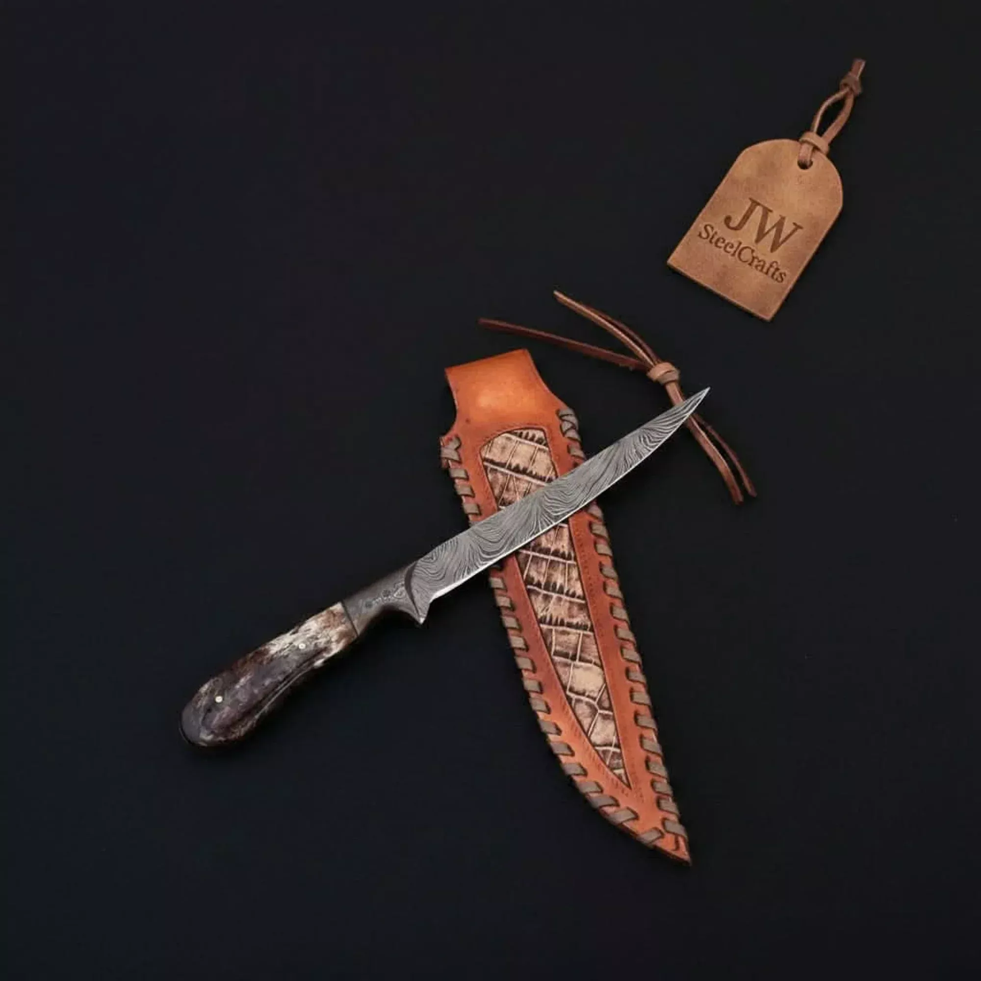 Custom Handmade Damascus Steel Boning Knife With Colour Bone Handlewith Leather Sheath
