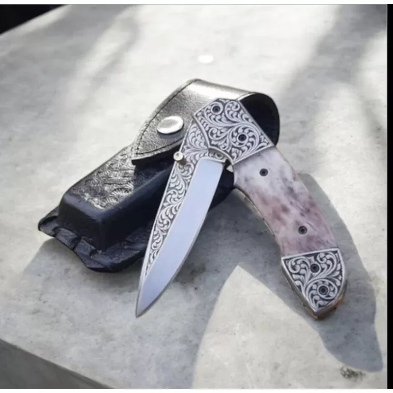 Custom Handmade Engraved Pocket KnifeD2 Steel Blade & Steel Handle