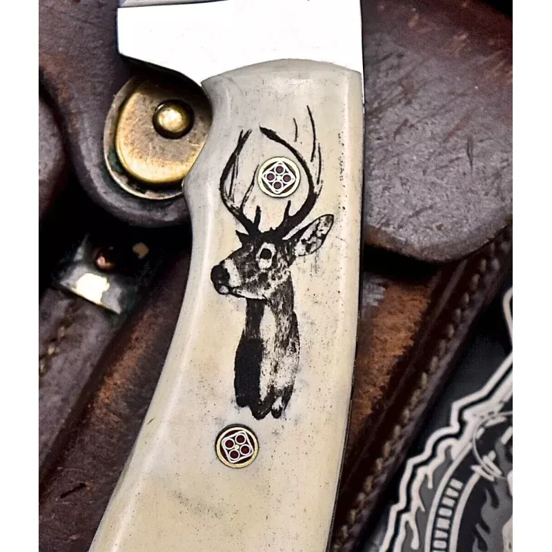 Custom Handmade J2 Steel Skinning Knife4.5 Blade, Engraved Camel Bone Handle