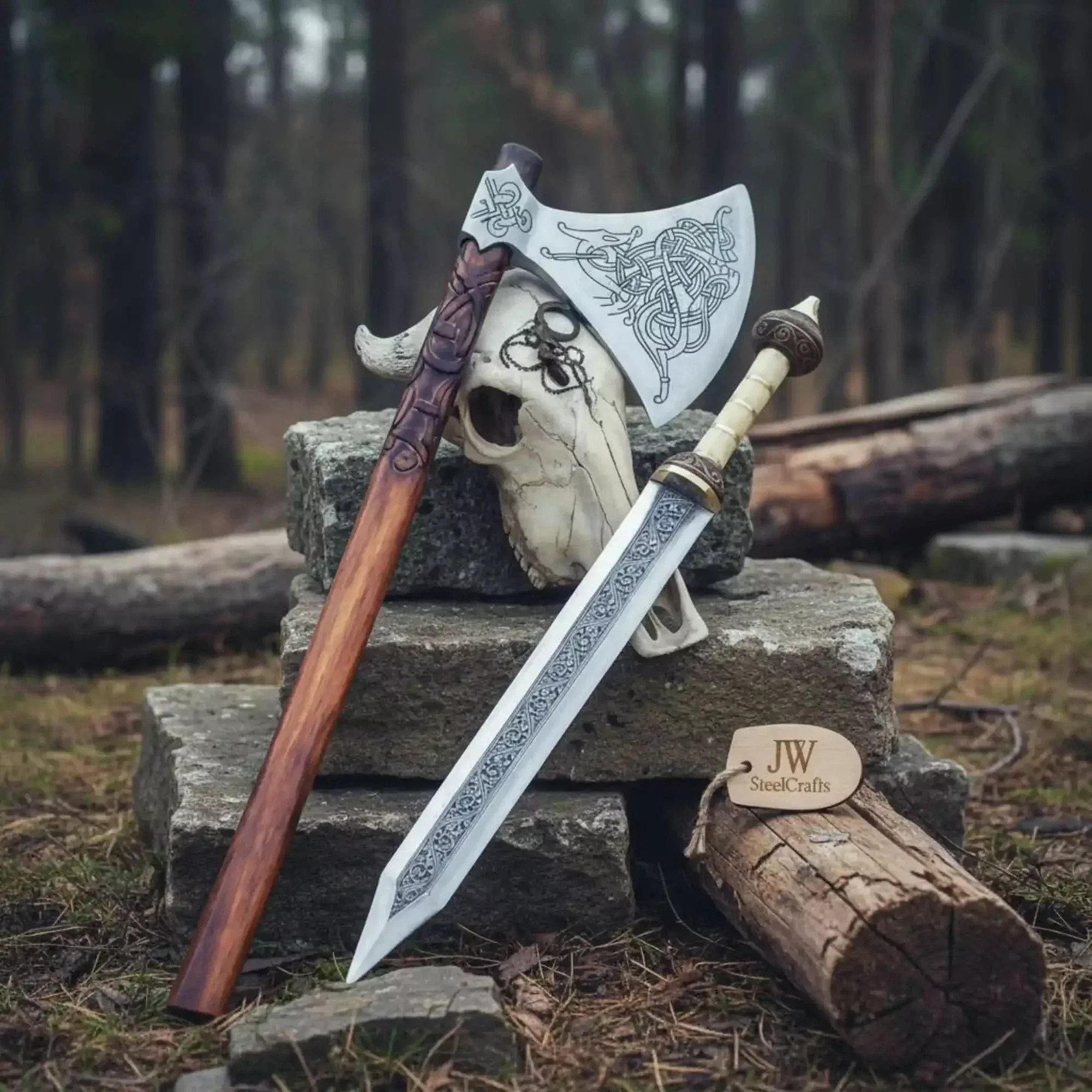 Custom Handmade Stainless SteelDouble Handed Viking axe set with Handmade Gladius piece