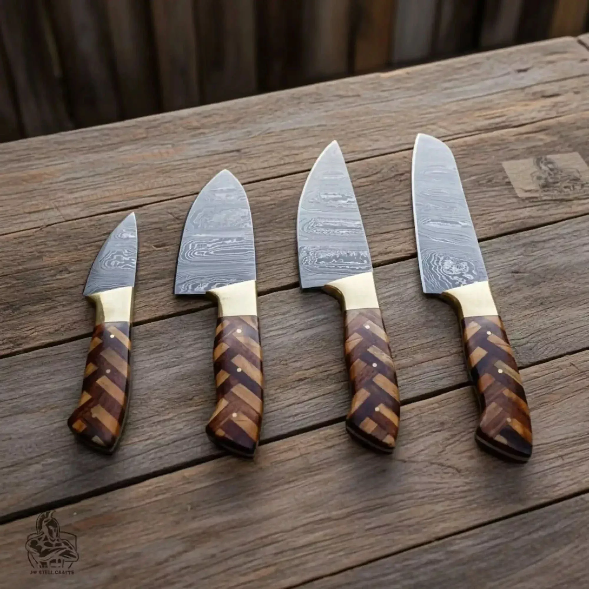 Custom Made Chef Knife Set with 4-Piece Damascus Blades and Chevron Wood Handles