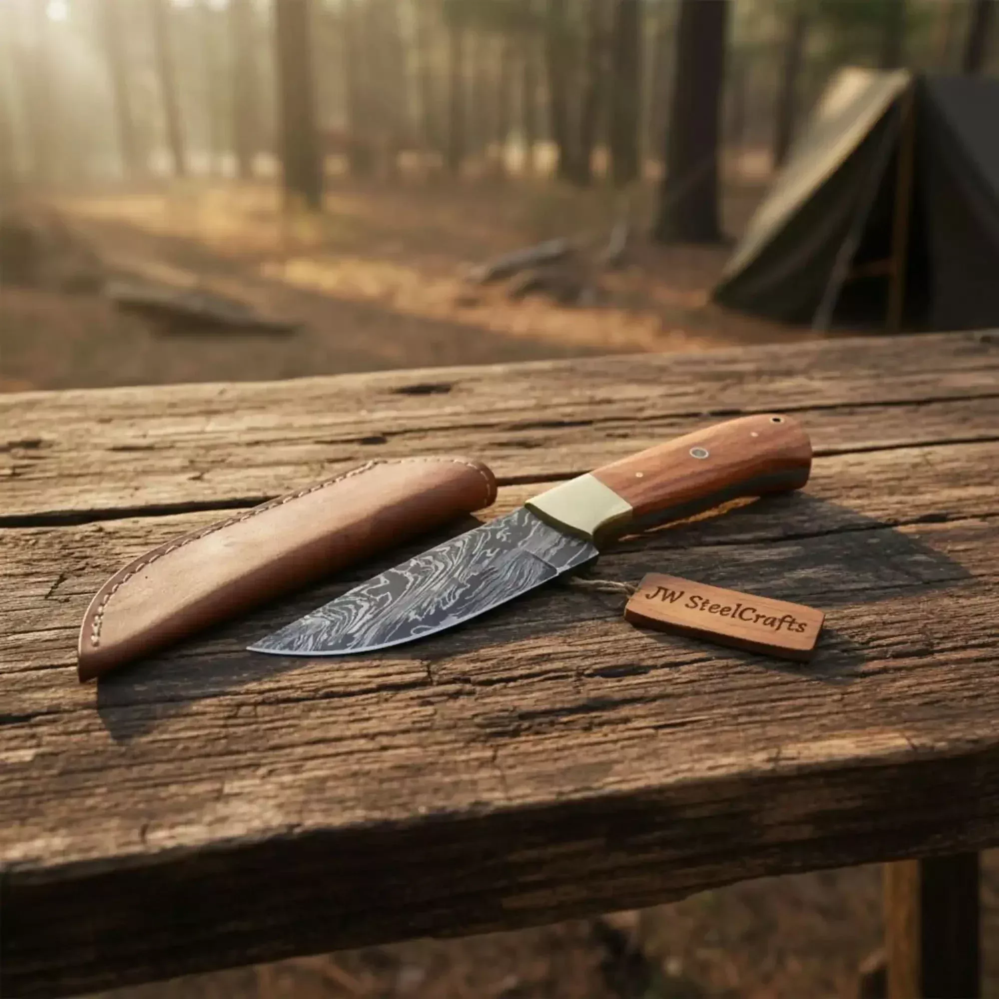 Damascus Drop Point Hunting Knife Olive wood Handle Fixed Blade