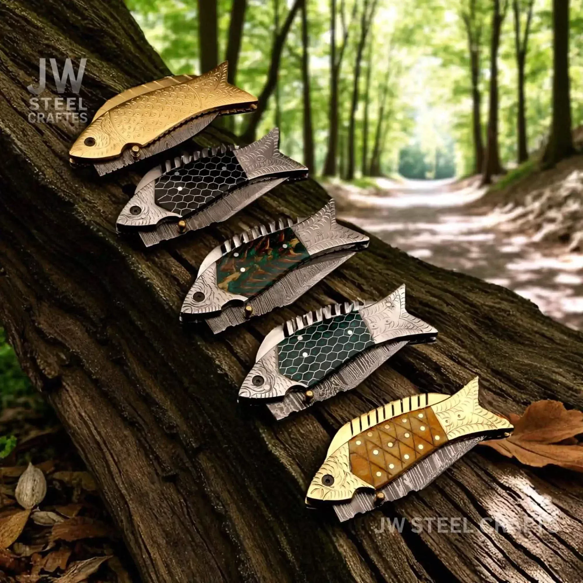 Damascus Fish Folding Knife Set withHand-Engraved Fish Handles