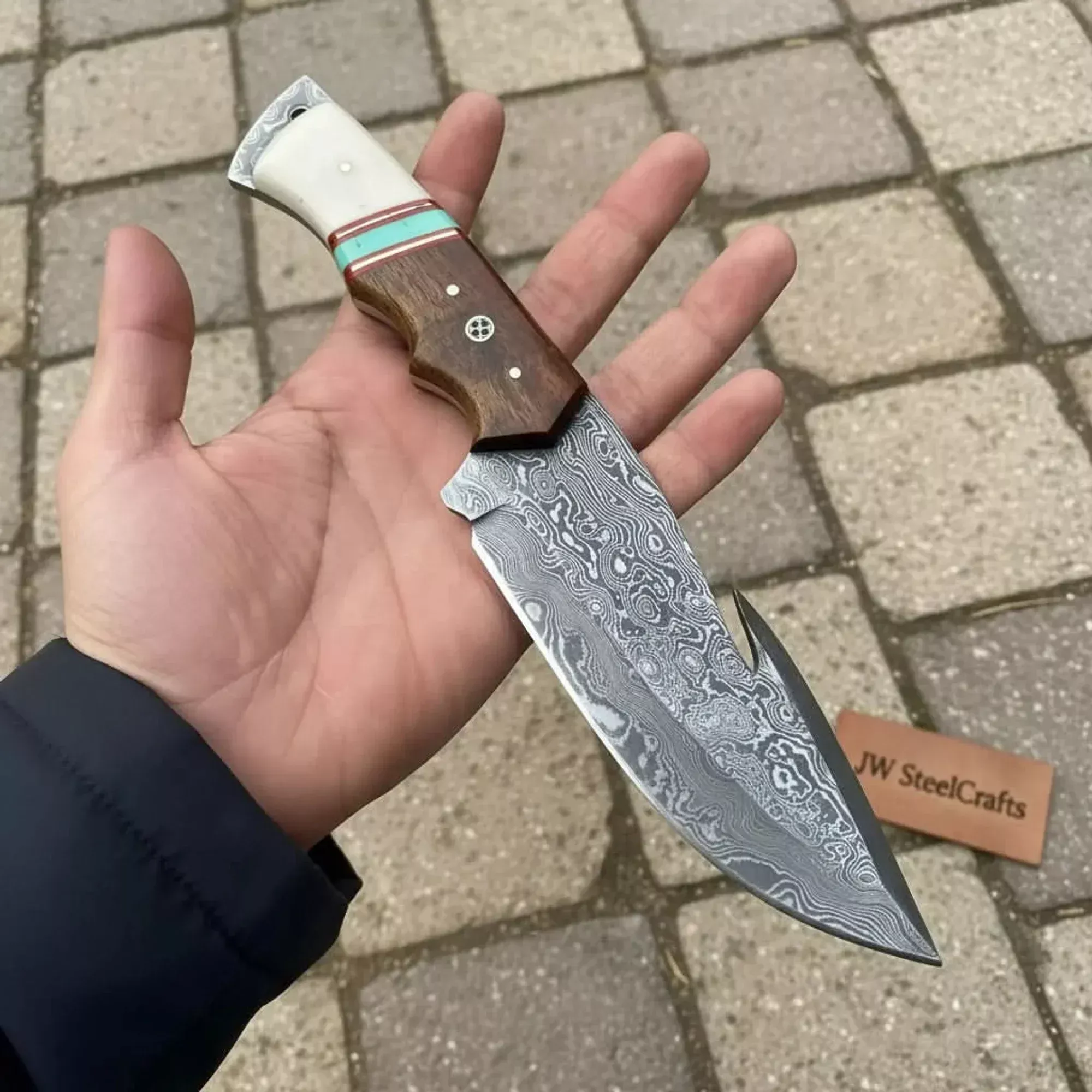 Damascus Gut Hook Hunting Knife Bone, Turquoise Resin & Rosewood Handle