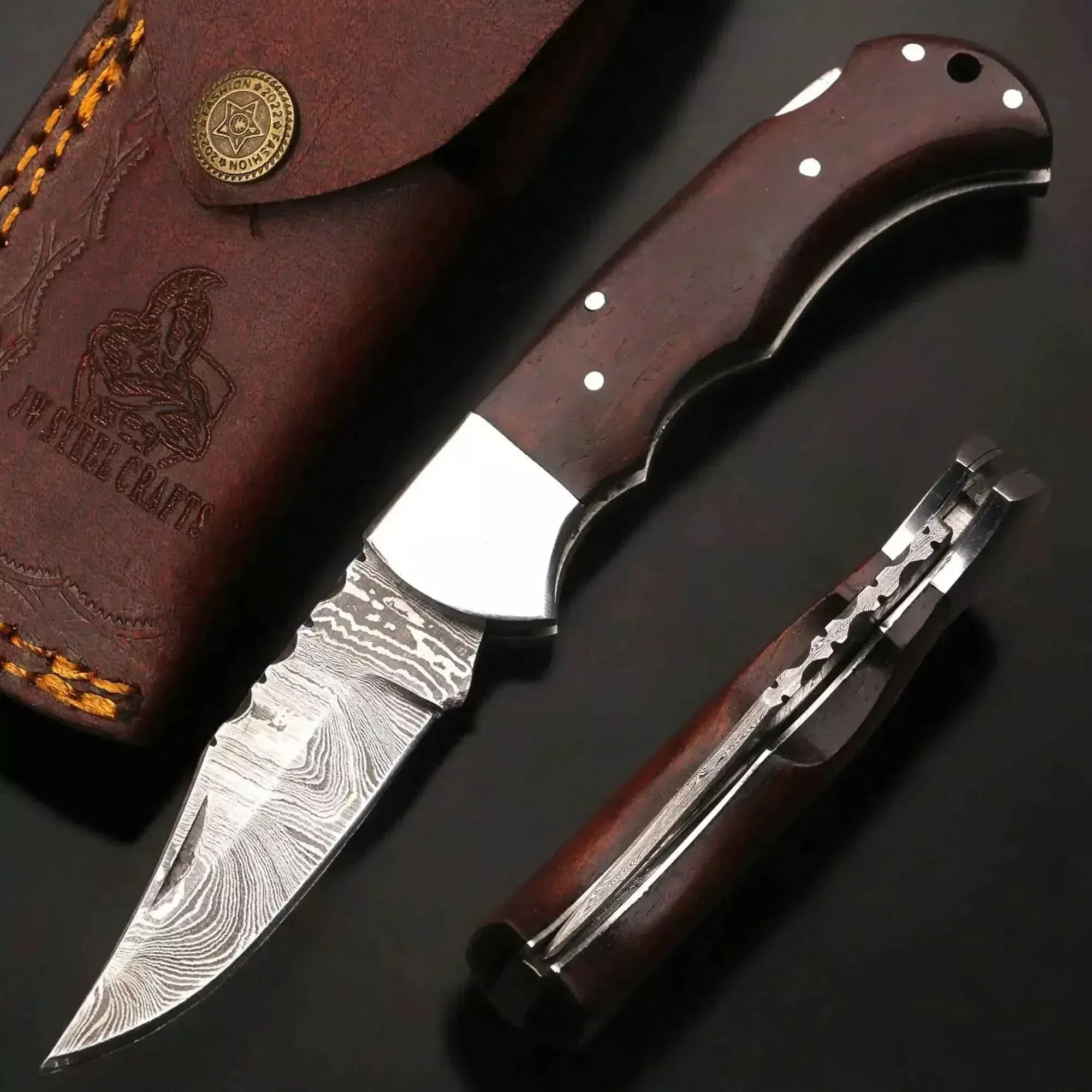 Damascus Rosewood Folding Knife with Lockback and Leather Sheath