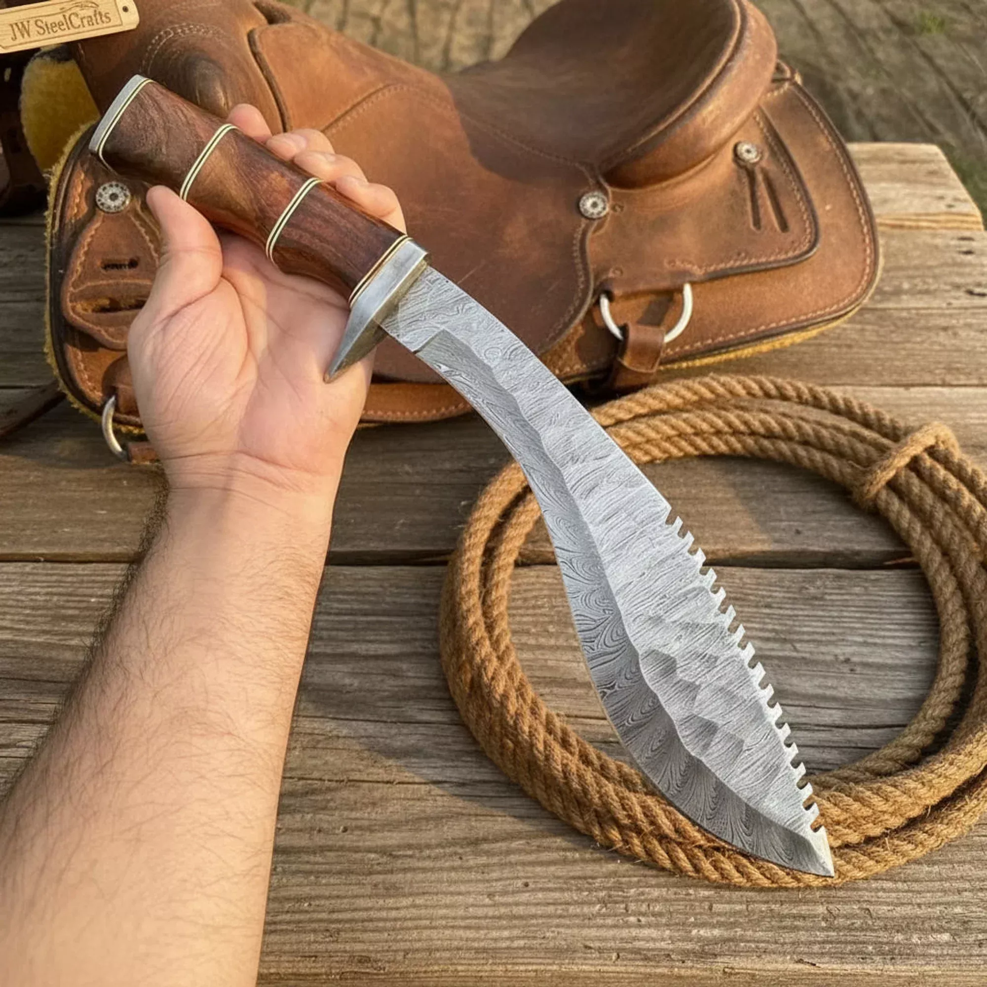 Damascus Sawback Kukri with Forward Curved Blade andRosewood Handle