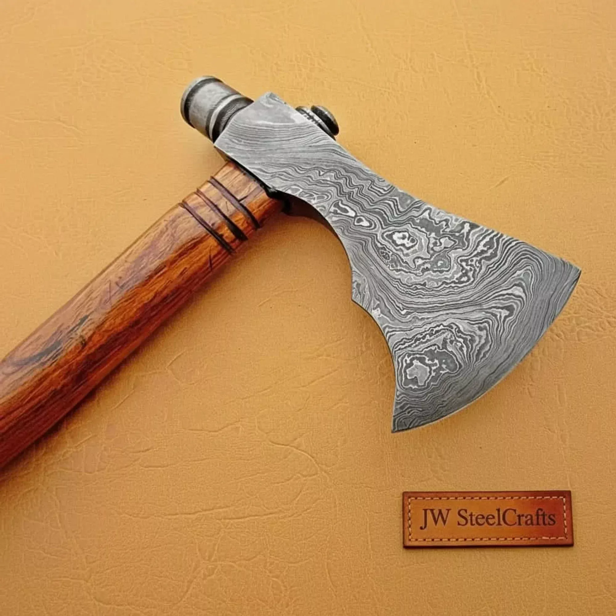 Damascus Smoking Axe with Leather Sheath and Ringed Rosewood Handle